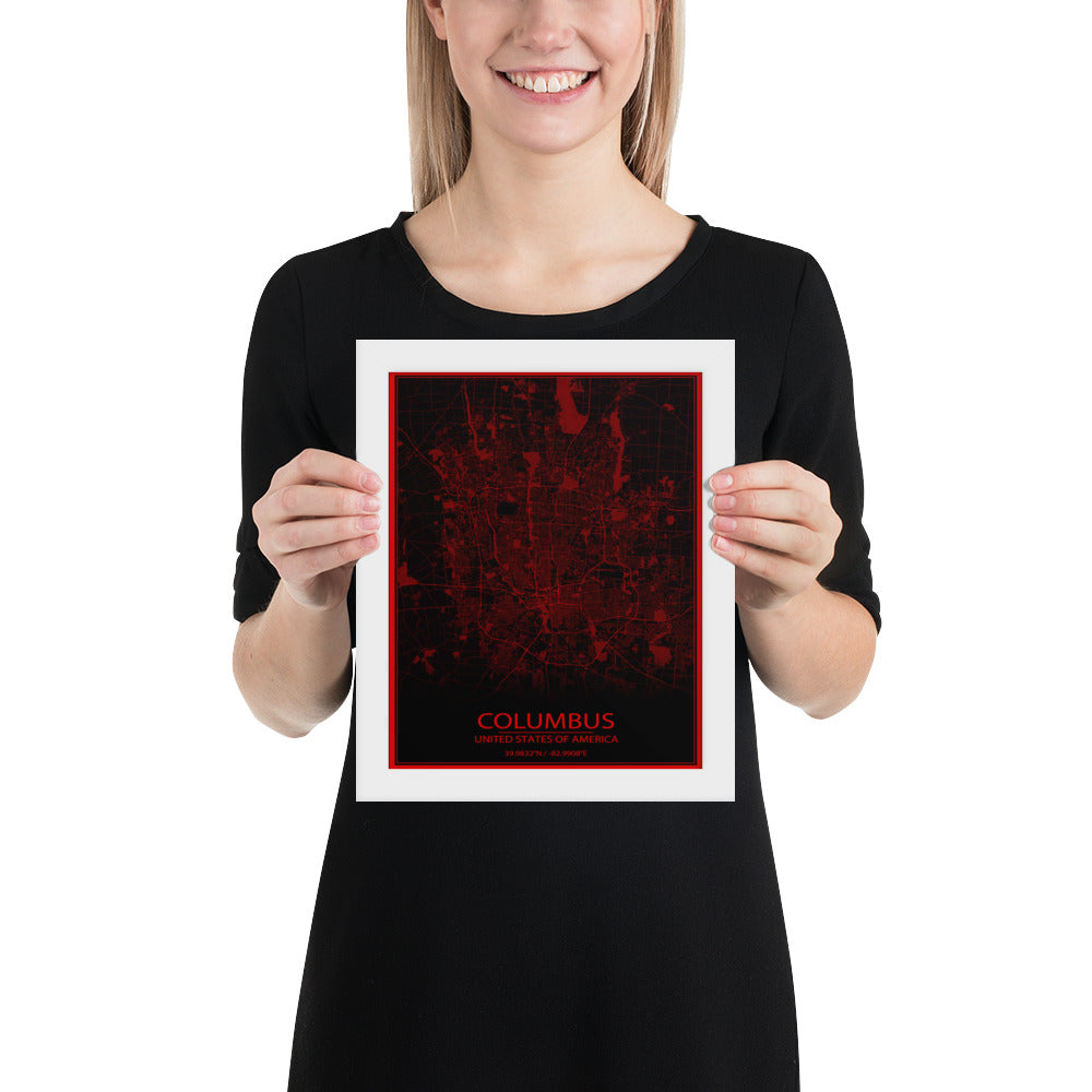 Columbus Black and Red Framed Map