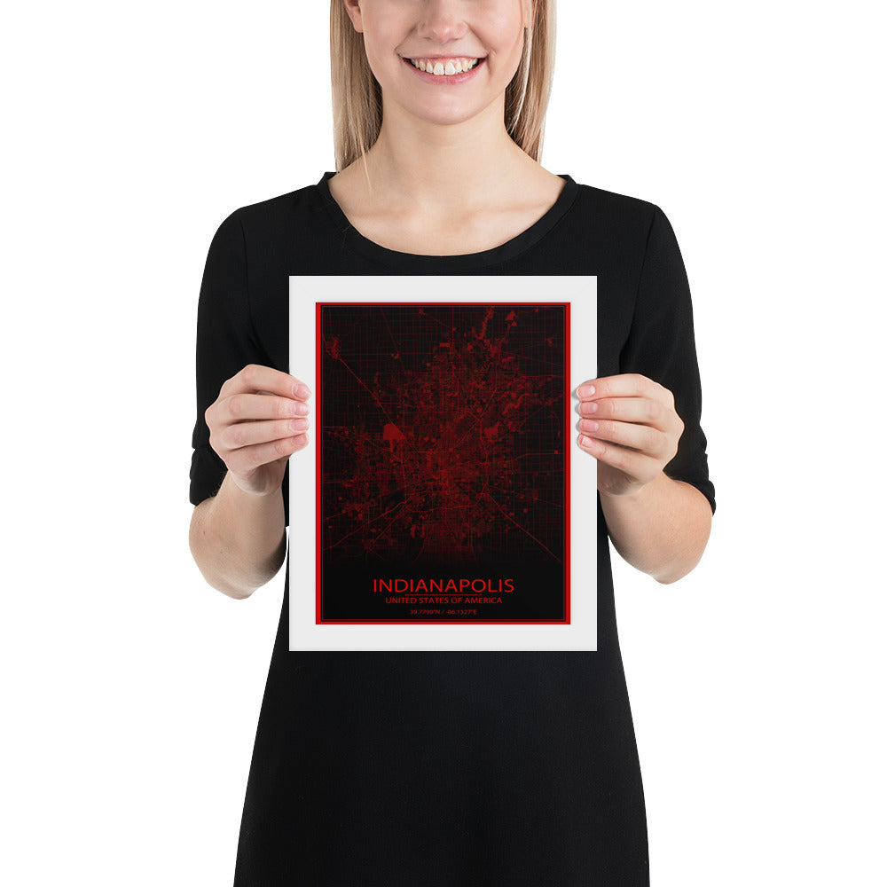 Indianapolis Black and Red Framed Map