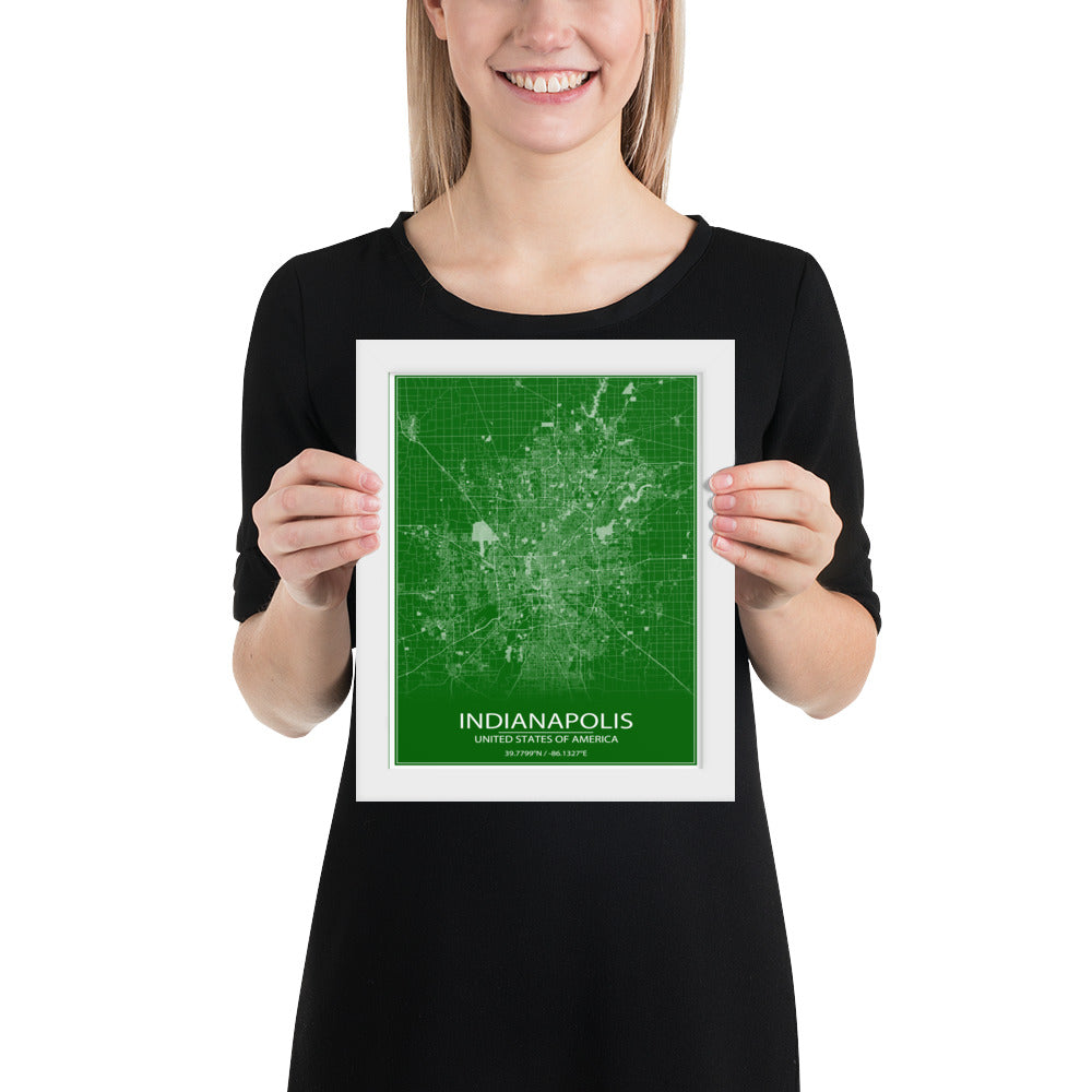 Indianapolis Green and White Framed Map