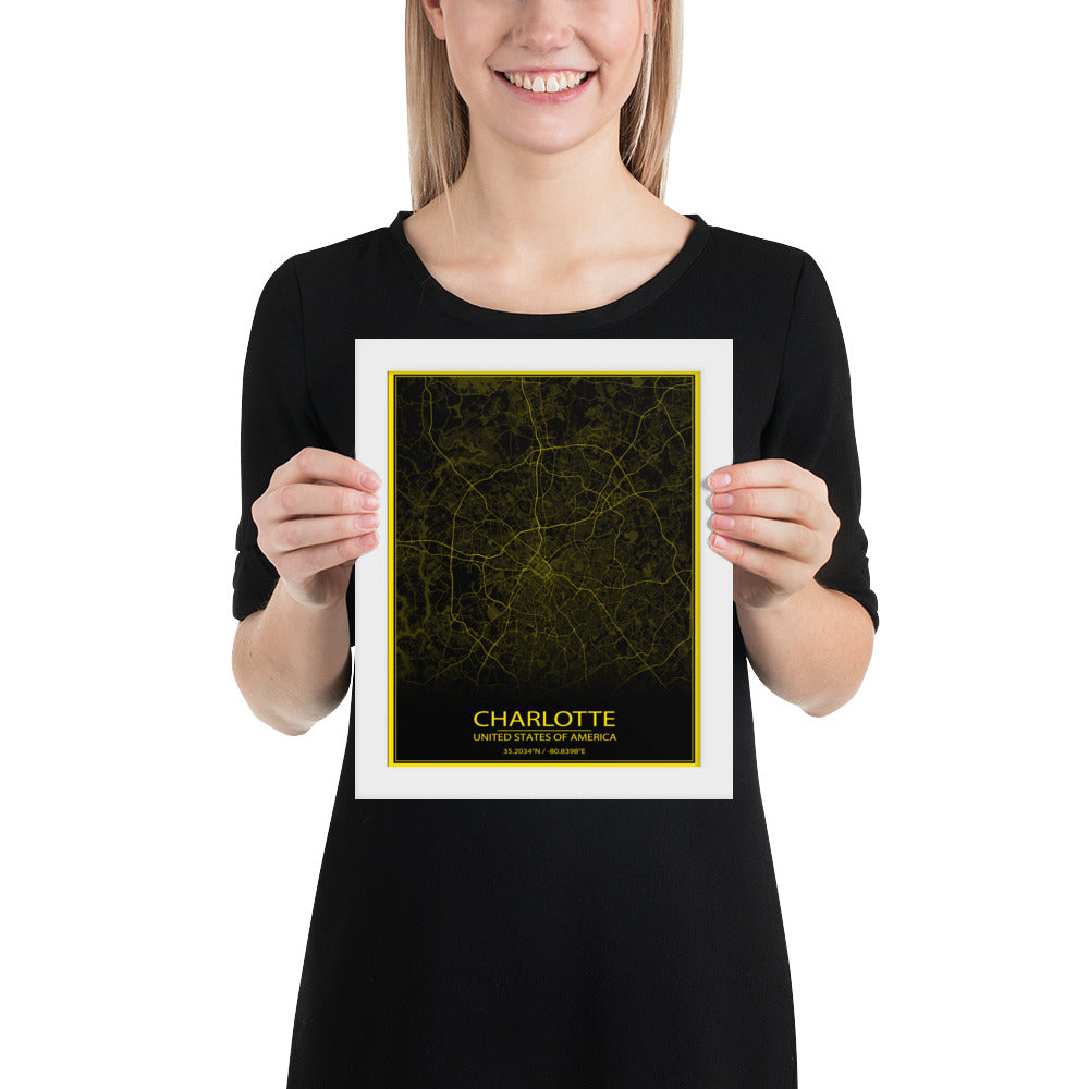 Charlotte Black and Yellow Framed Map