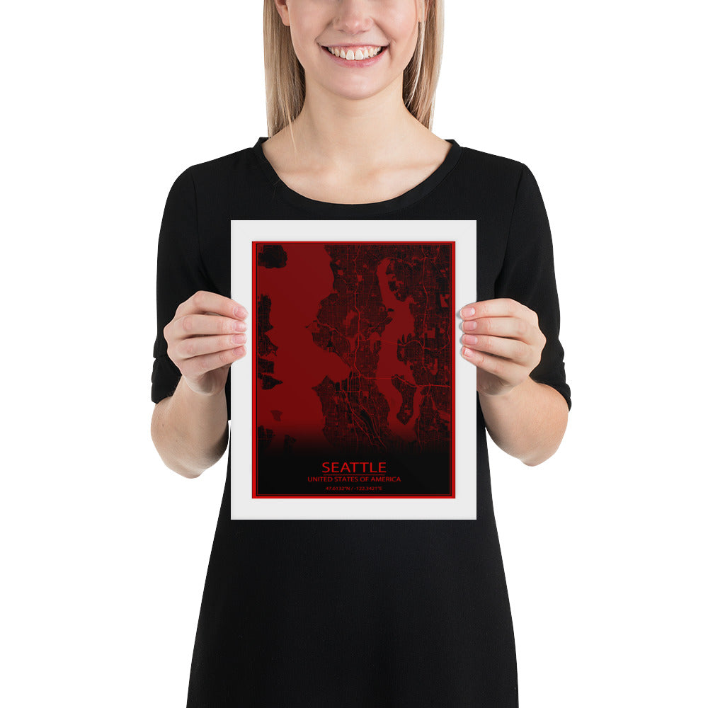 Seattle Black and Red Framed Map