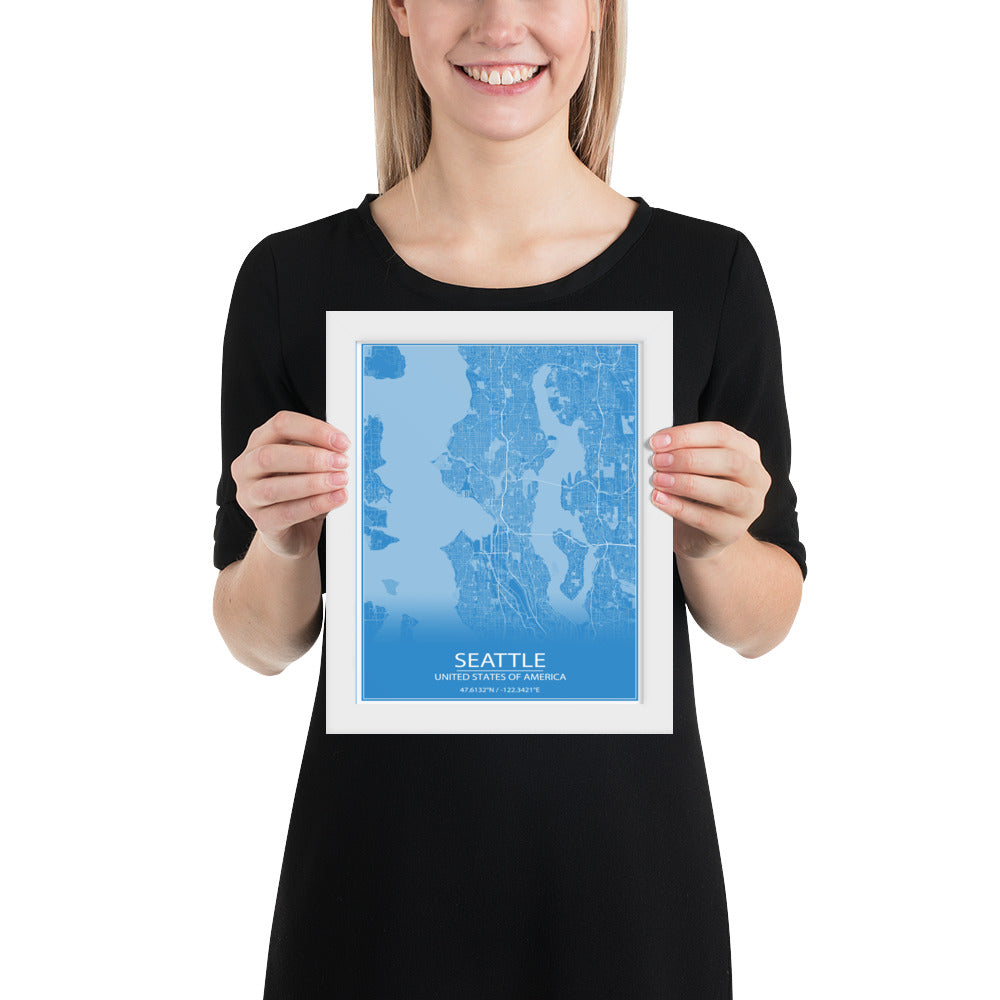 Seattle Blue and White Framed Map