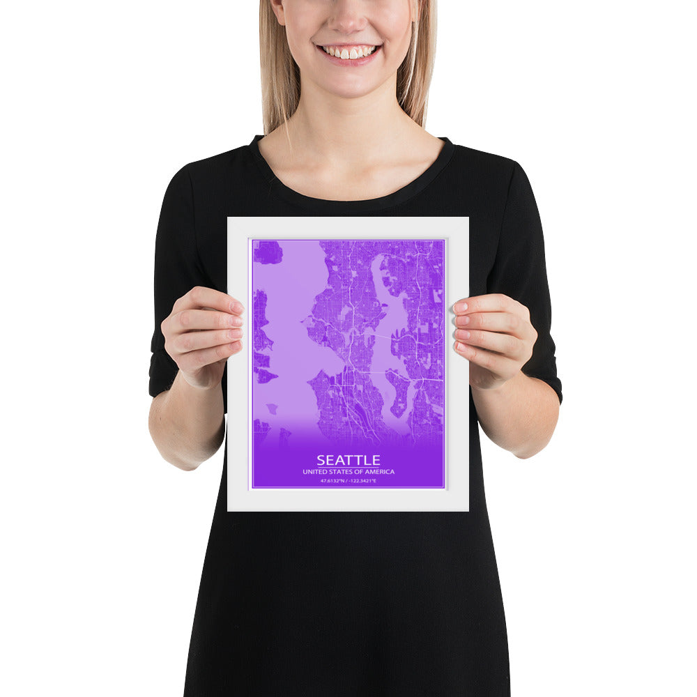 Seattle Purple and White Framed Map