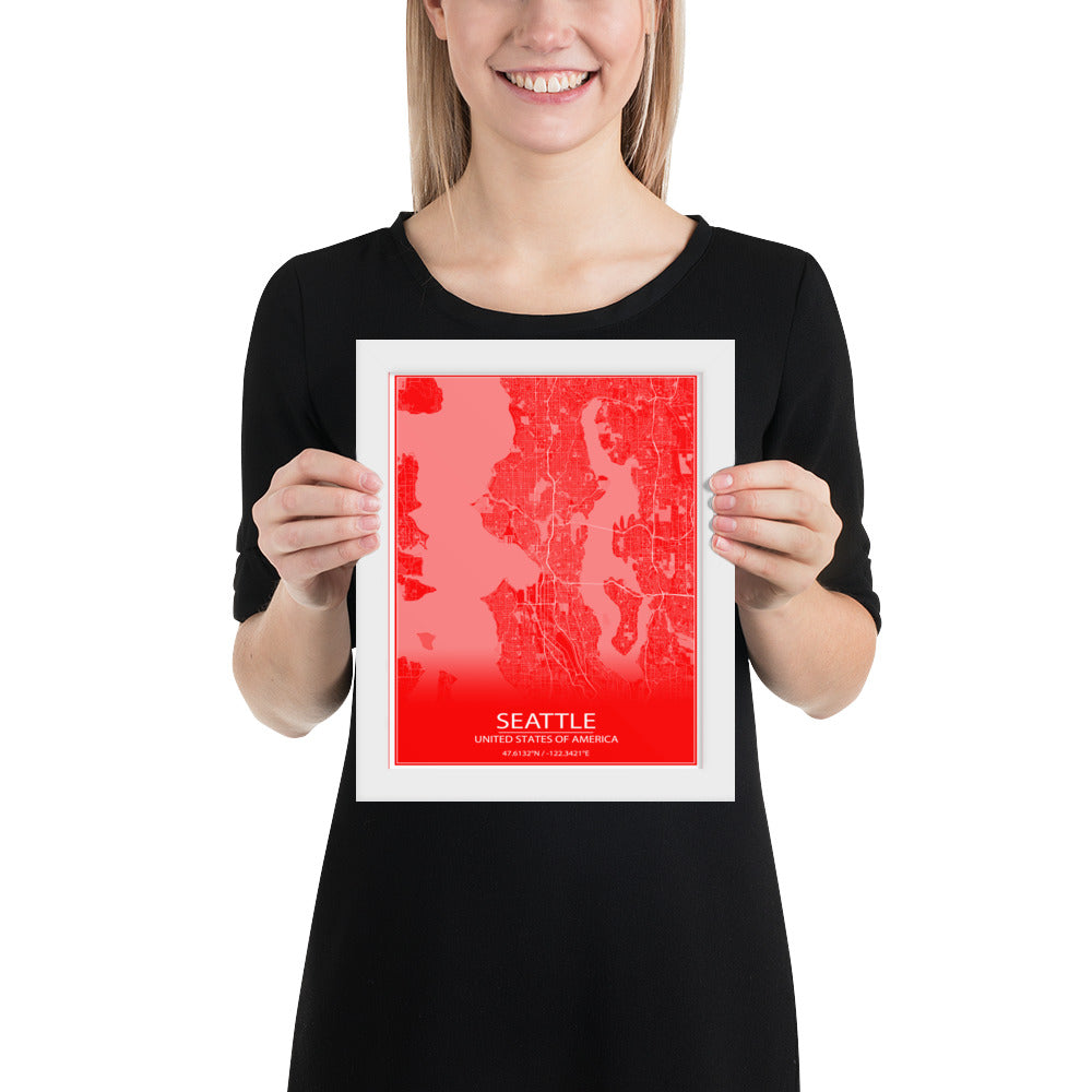 Seattle Red and White Framed Map