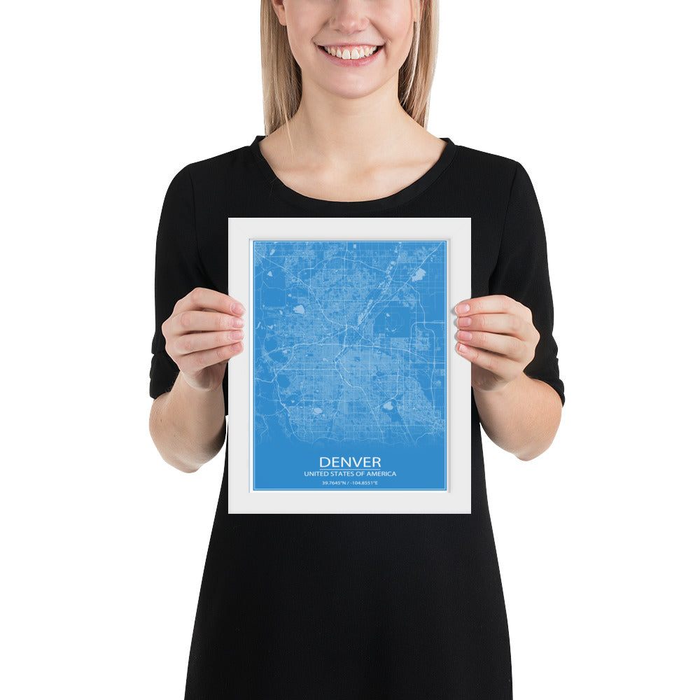 Denver Blue and White Framed Map