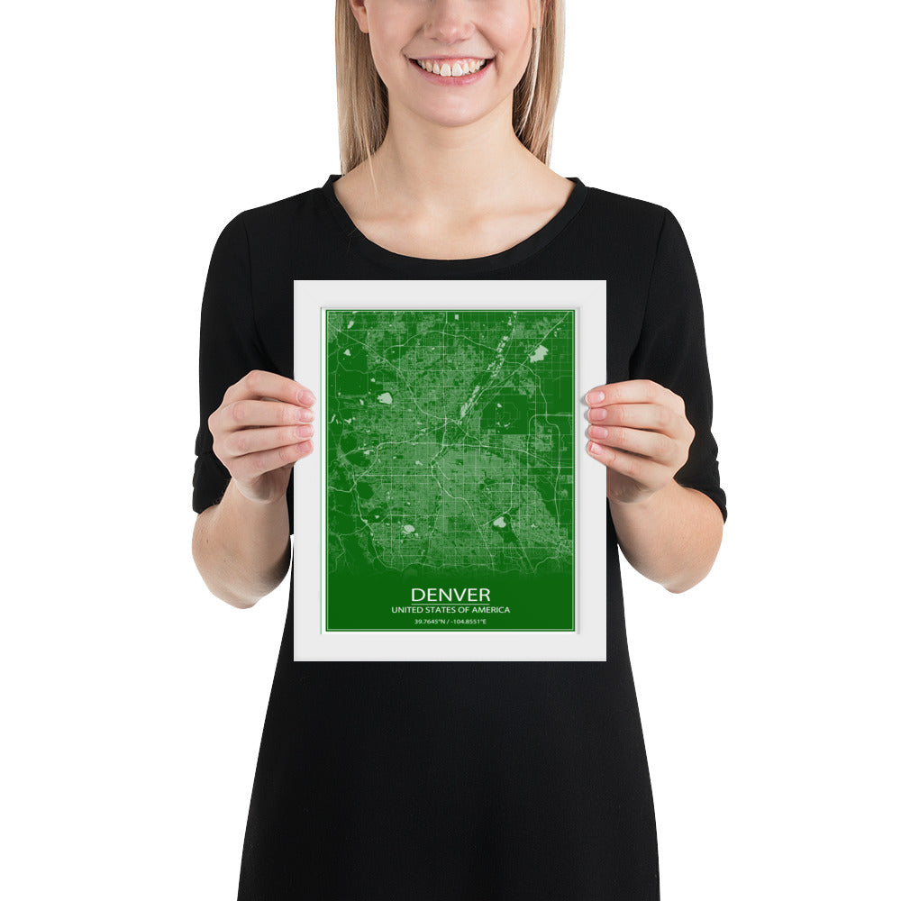 Denver Green and White Framed Map