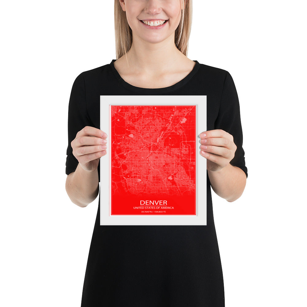 Denver Red and White Framed Map