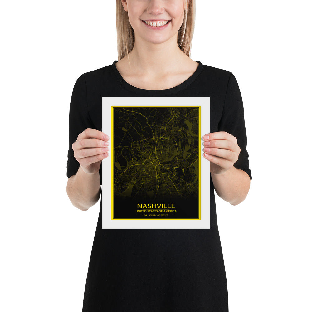 Nashville Black and Yellow Framed Map