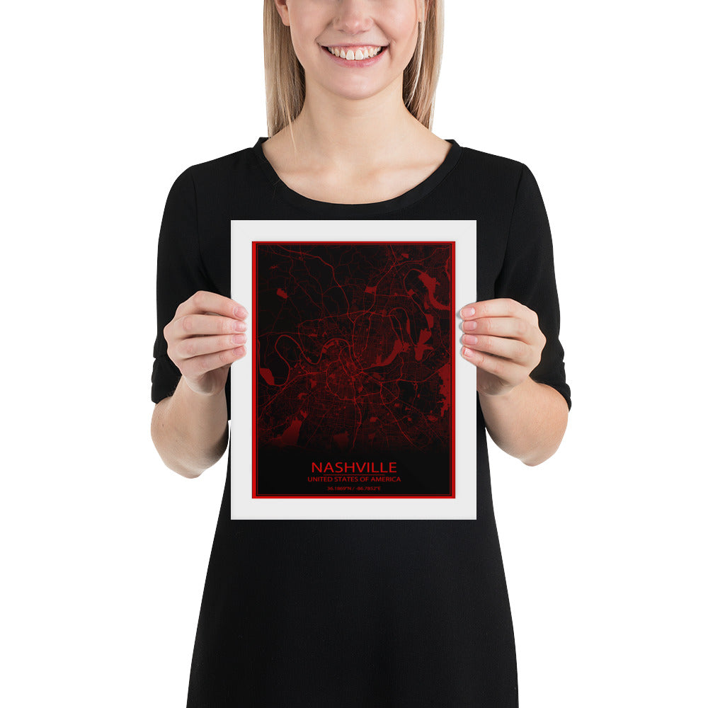 Nashville Black and Red Framed Map