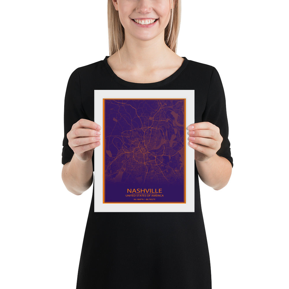 Nashville Purple and Orange Framed Map