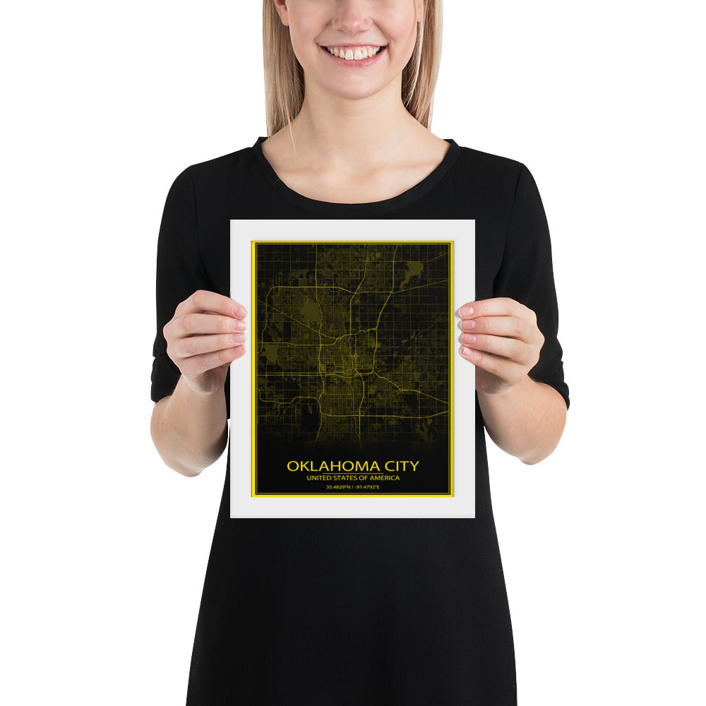 Oklahoma City Black and Yellow Framed Map