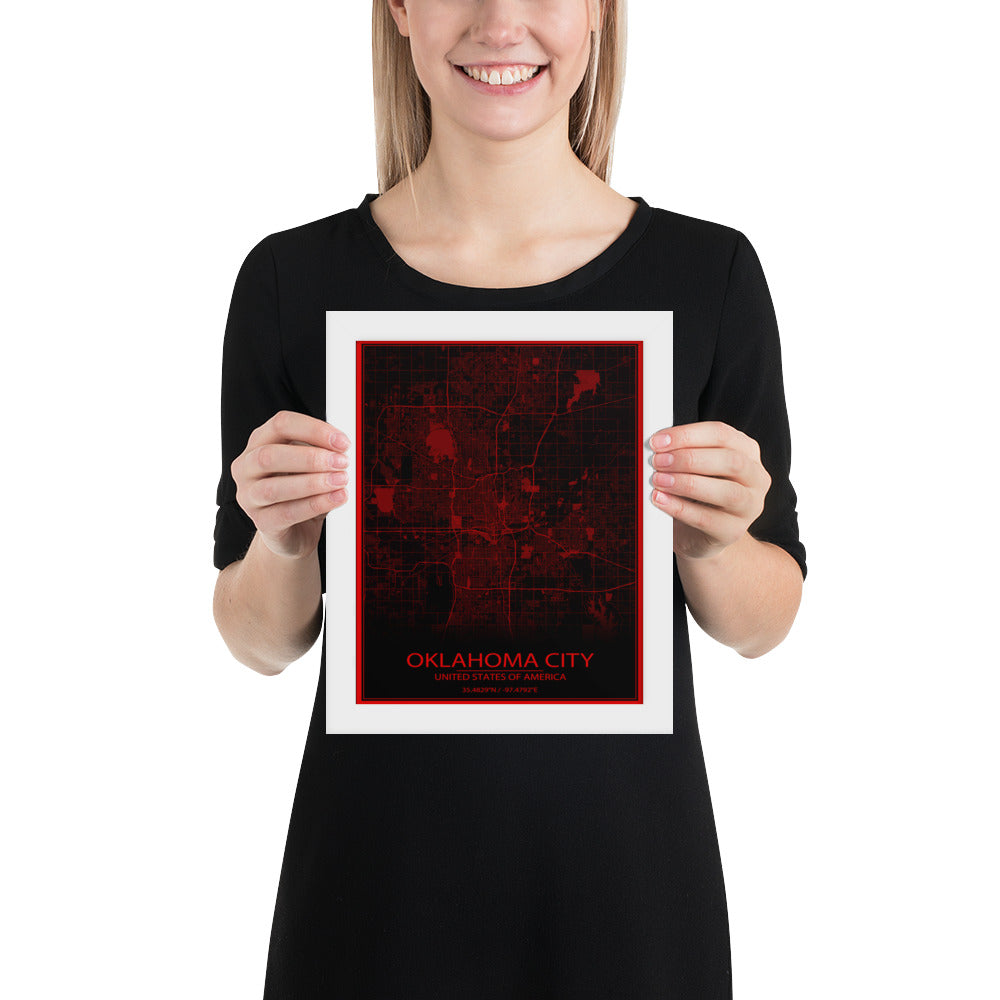 Oklahoma City Black and Red Framed Map