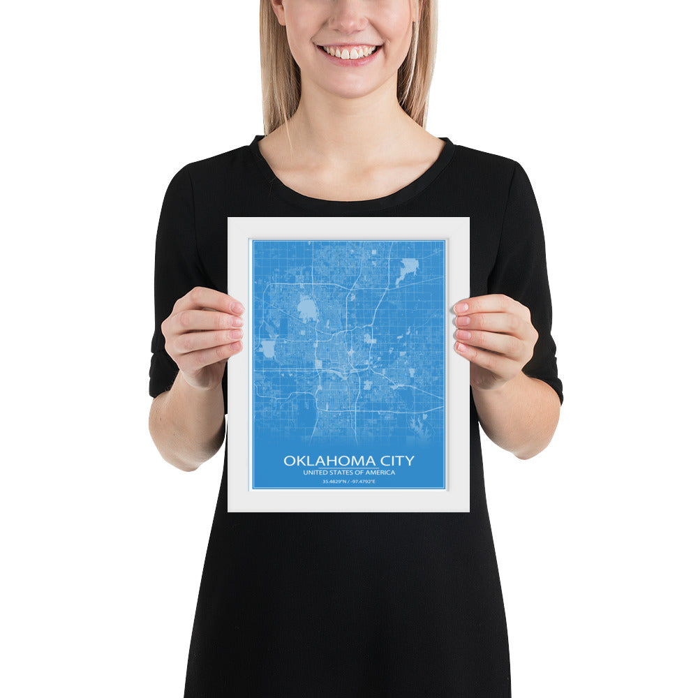 Oklahoma City Blue and White Framed Map