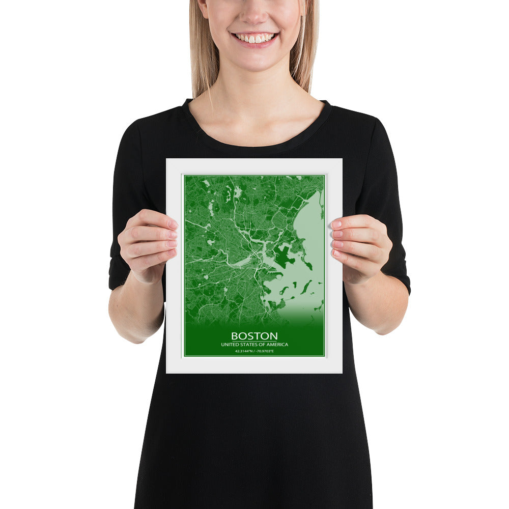 Boston Green and White Framed Map