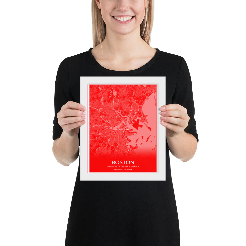 Boston Red and White Framed Map