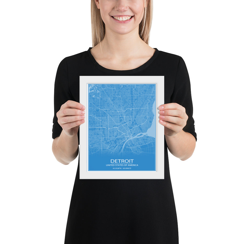 Detroit Blue and White Framed Map