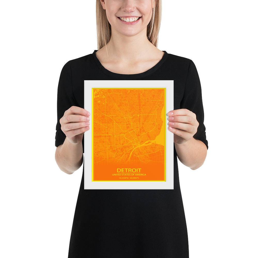 Detroit Orange and Yellow Framed Map