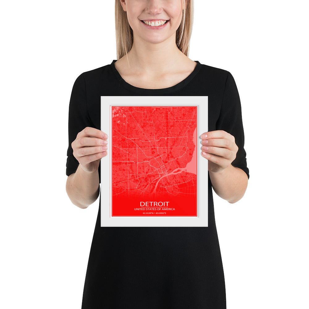 Detroit Red and White Framed Map