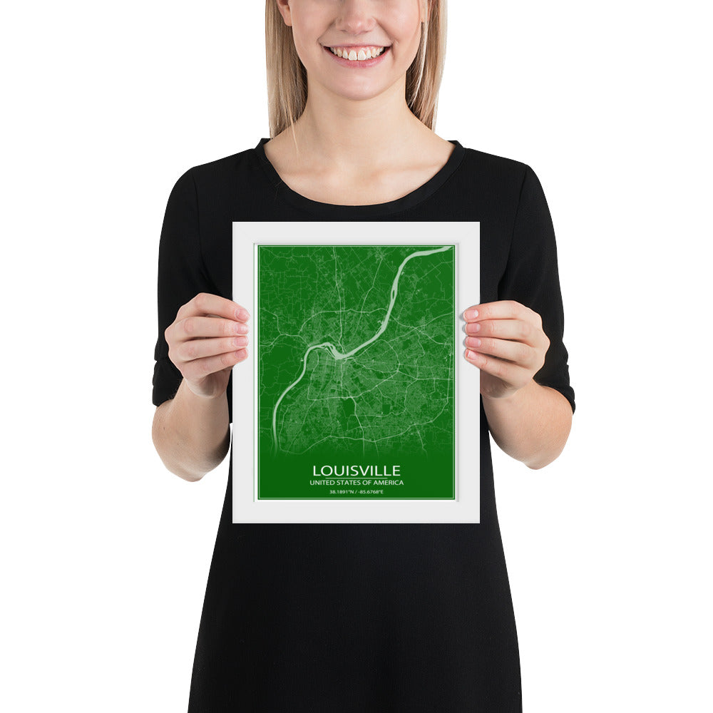 Louisville Green and White Framed Map