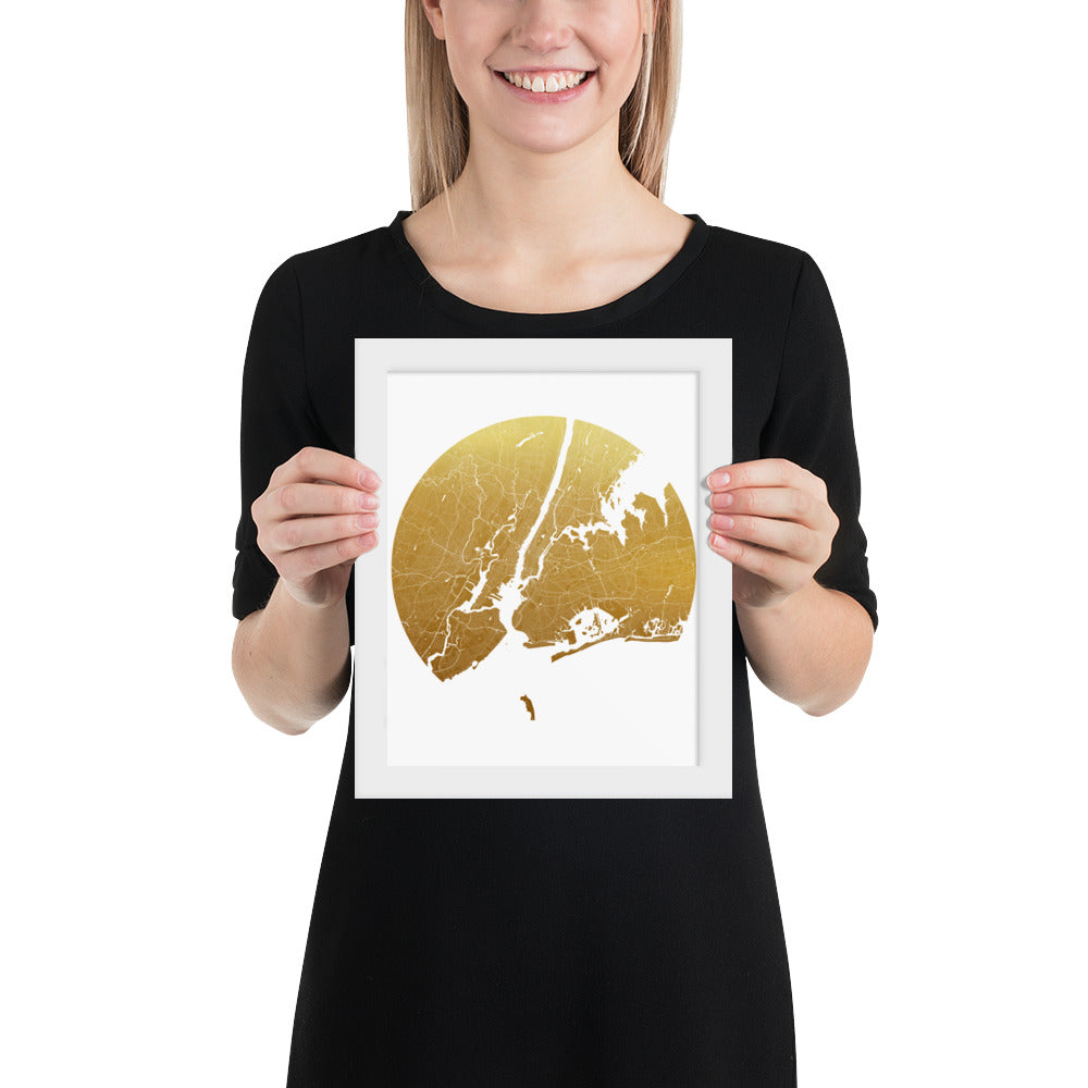 New York Gold on White Framed Map