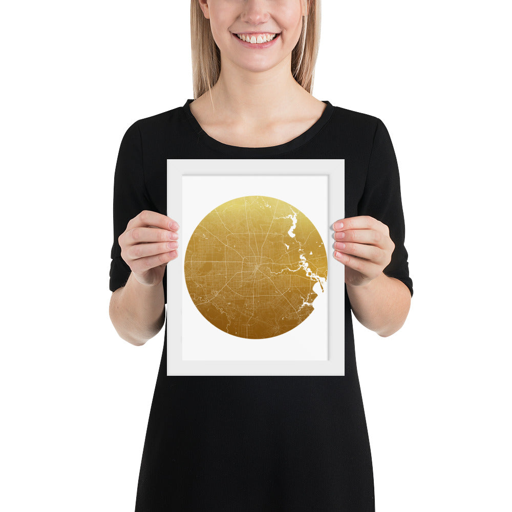 Houston Gold on White Framed Map