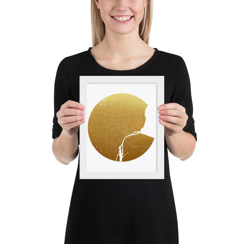 Detroit Gold on White Framed Map