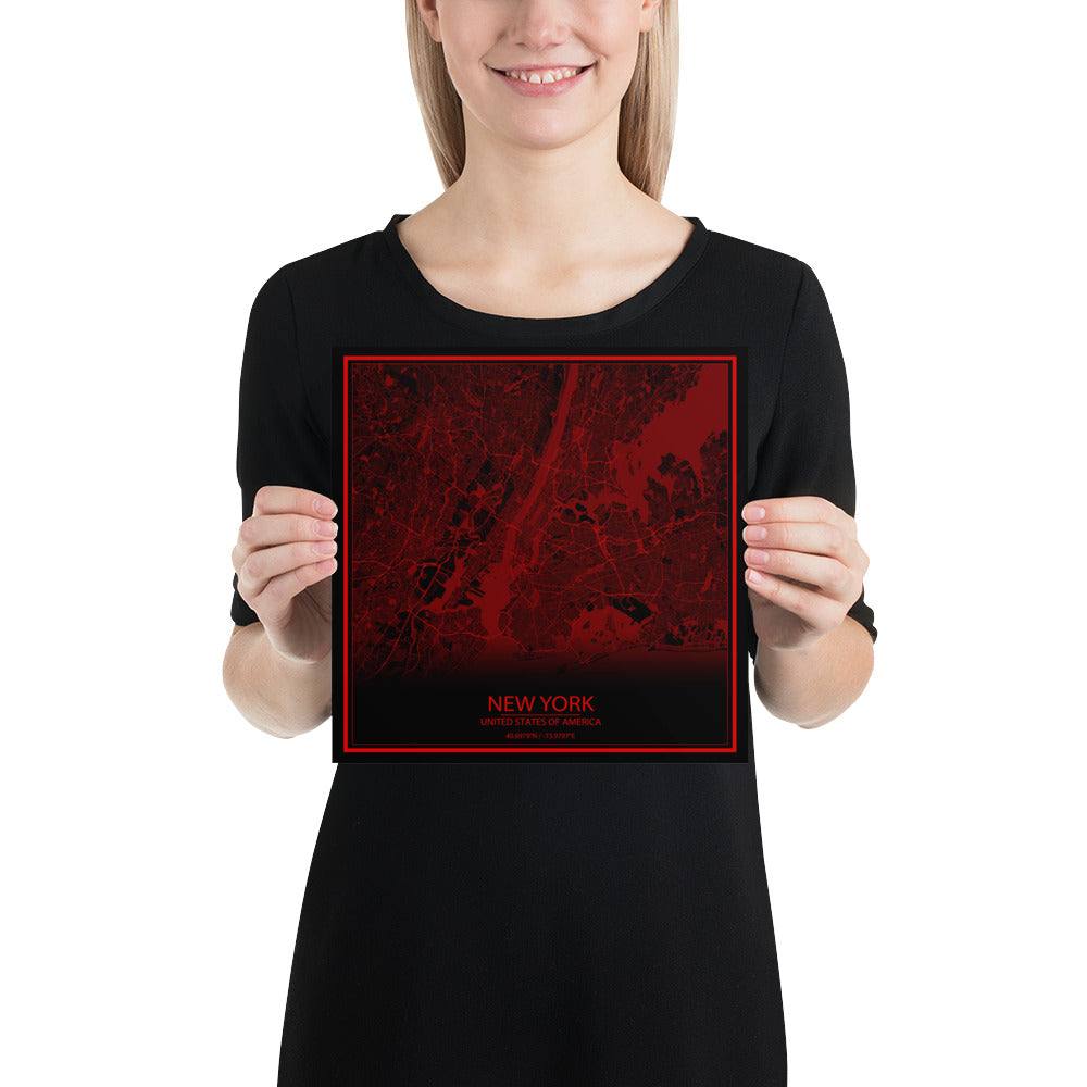 New York Black and Red Paper Map