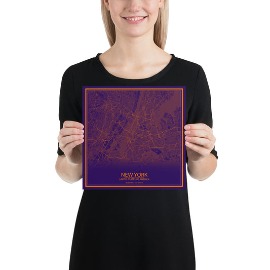 New York Purple and Orange Paper Map