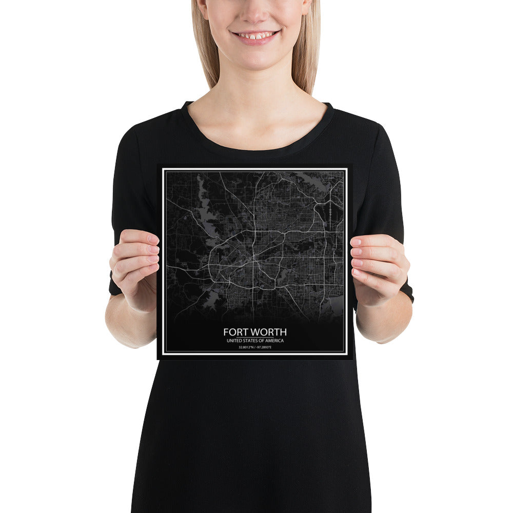 Fort Worth Black Paper Map