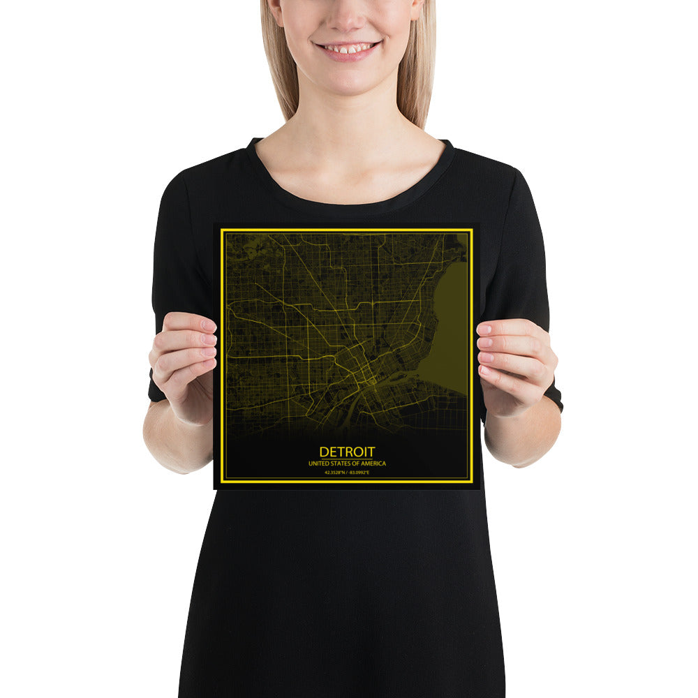 Detroit Black and Yellow Paper Map