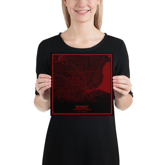 Detroit Black and Red Paper Map