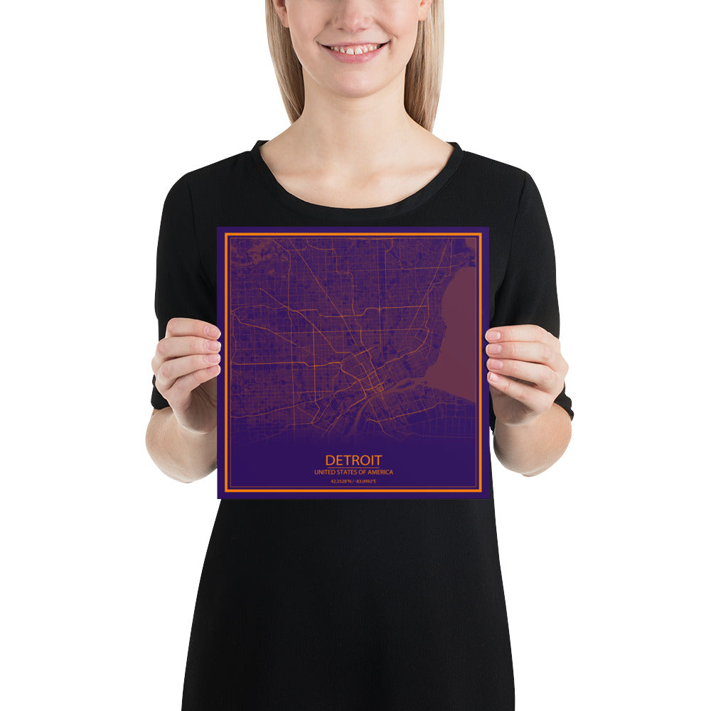 Detroit Purple and Orange Paper Map