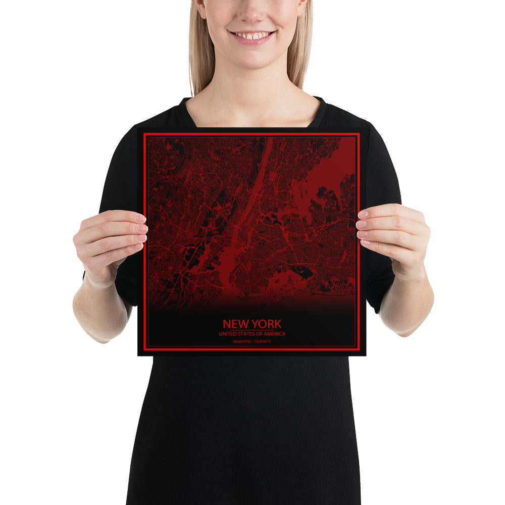 New York Black and Red Paper Map