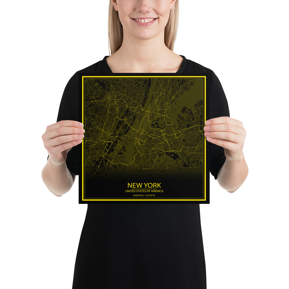 New York Black and Yellow Paper Map