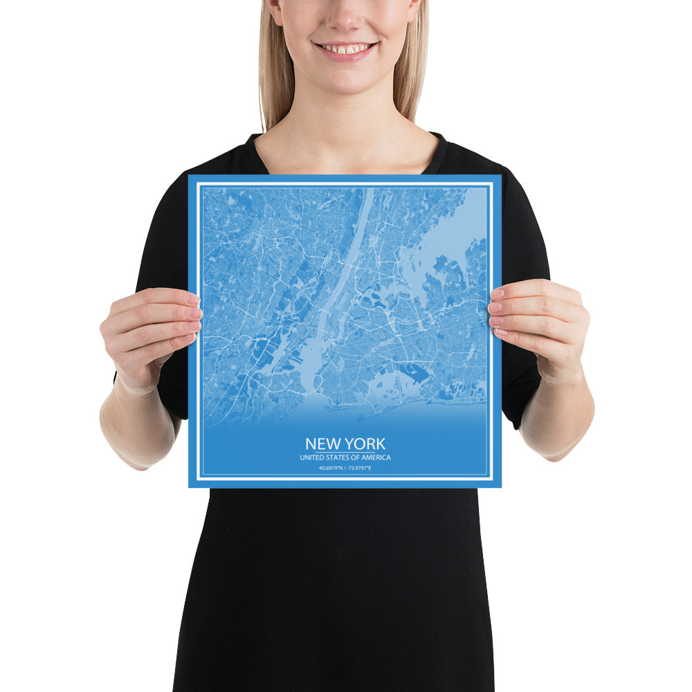 New York Blue and White Paper Map