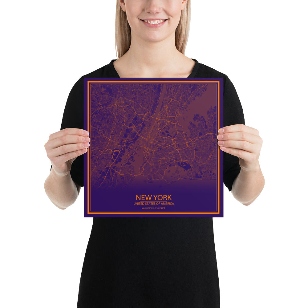 New York Purple and Orange Paper Map