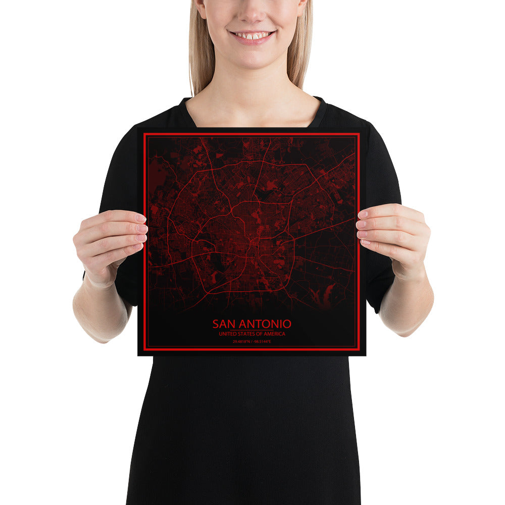 San Antonio Black and Red Paper Map