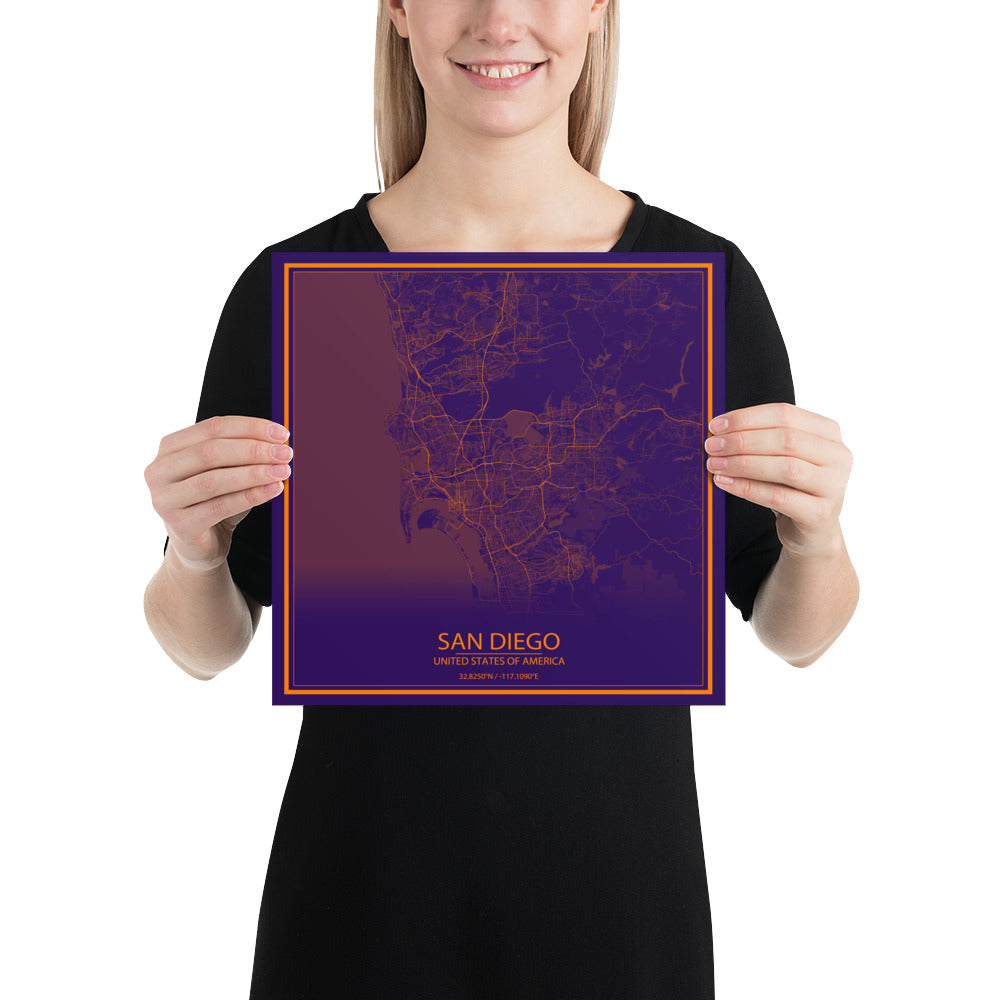 San Diego Purple and Orange Paper Map