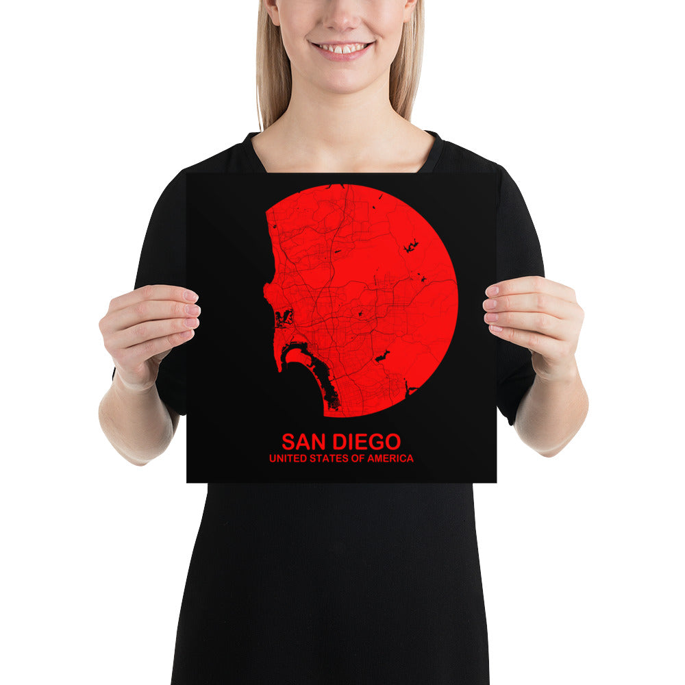 San Diego Circular Red Paper Map