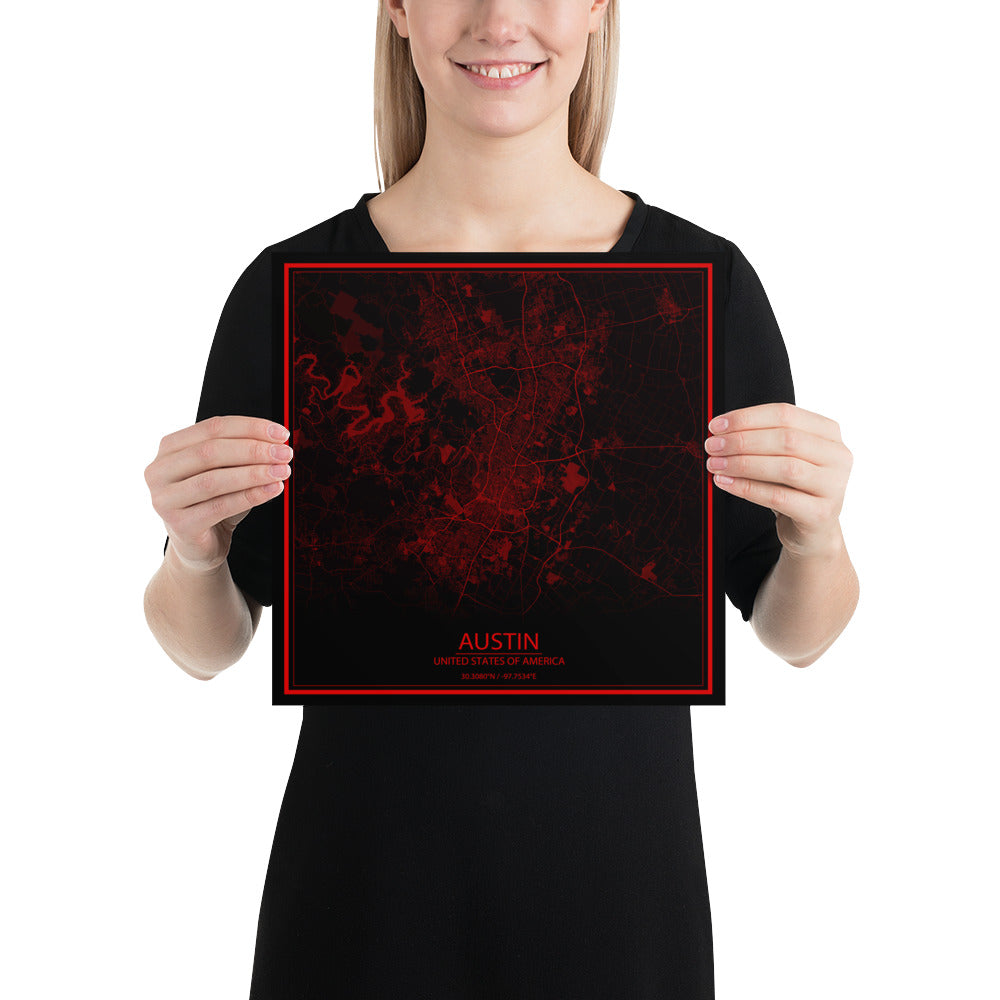 Austin Black and Red Paper Map