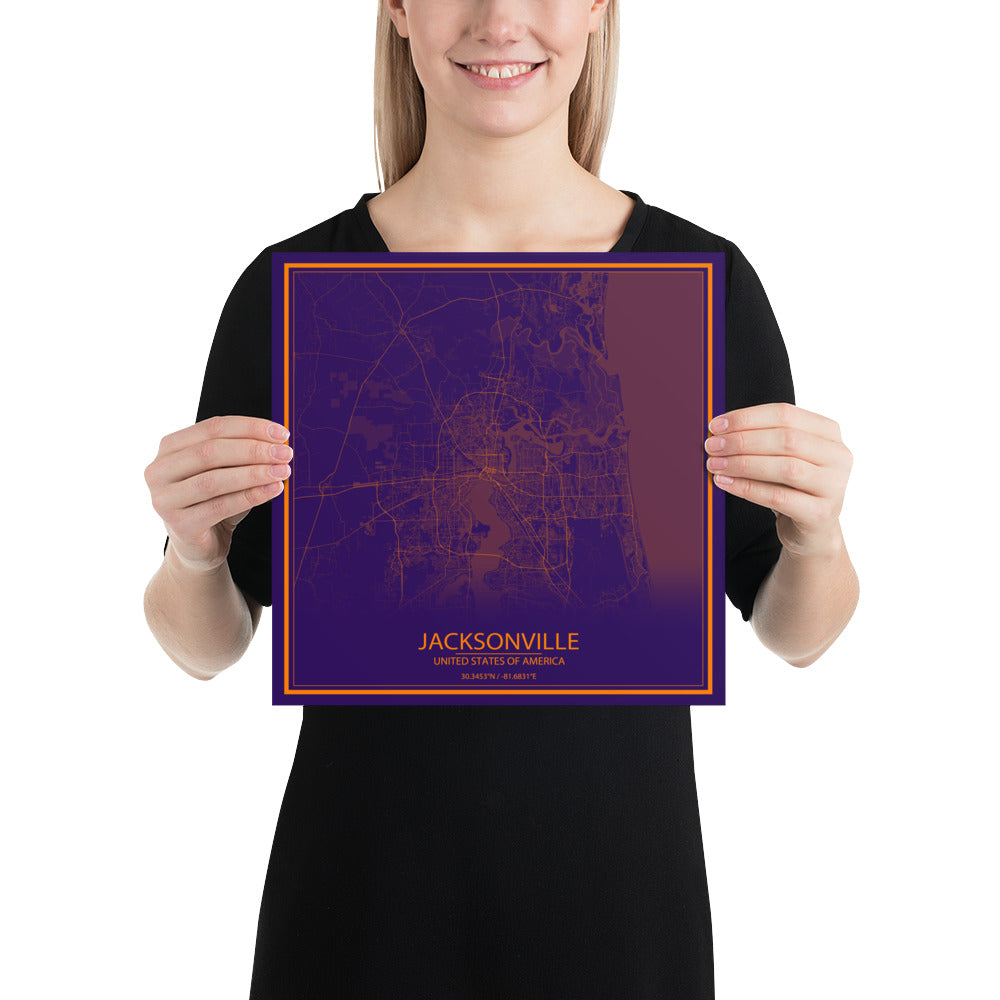 Jacksonville Purple and Orange Paper Map