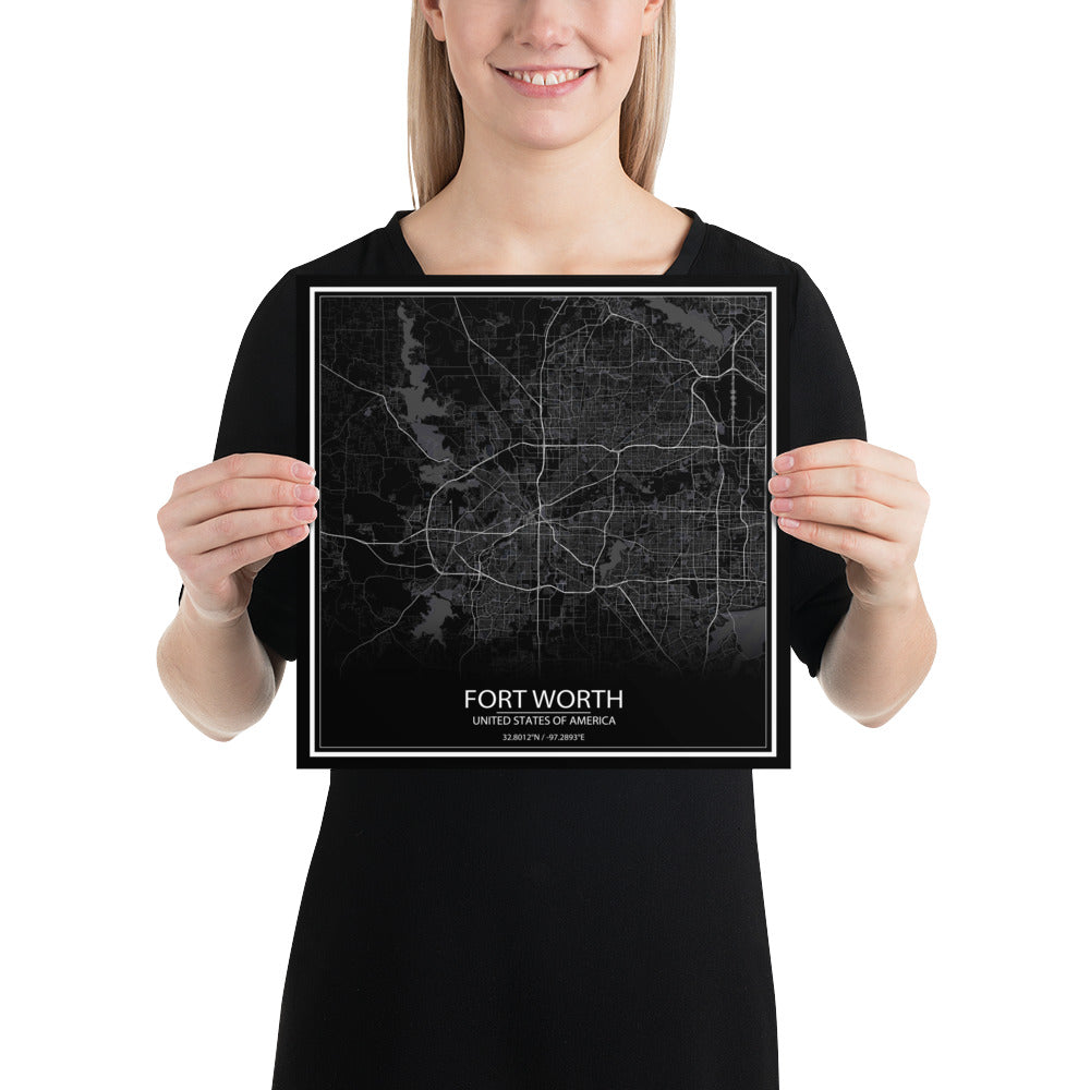 Fort Worth Black Paper Map