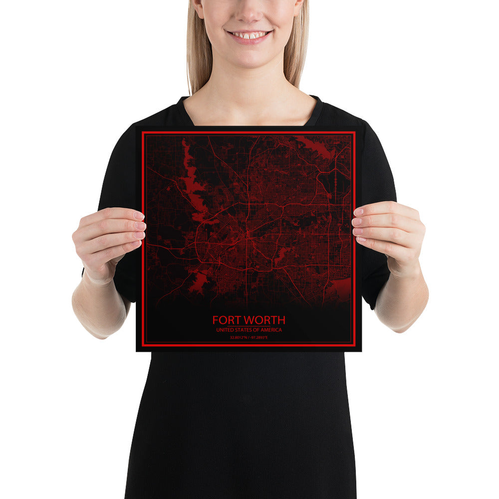 Fort Worth Black and Red Paper Map