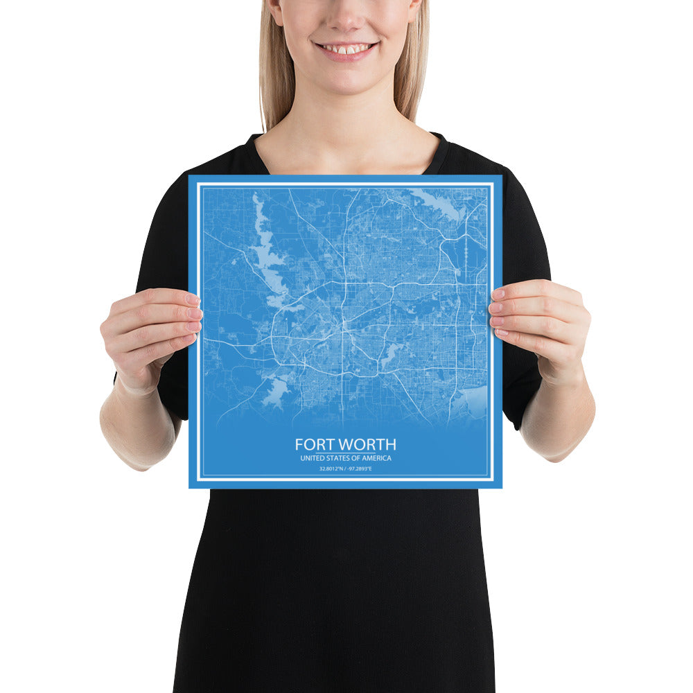 Fort Worth Blue and White Paper Map