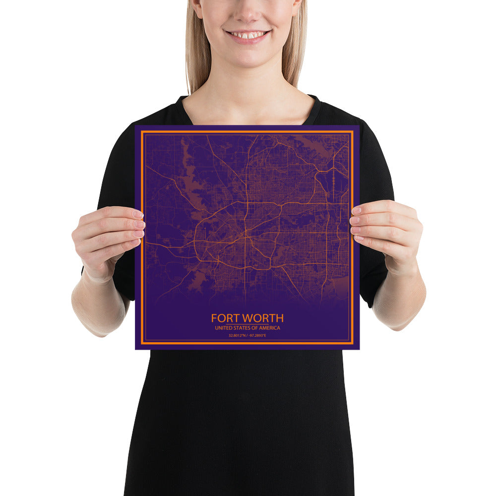 Fort Worth Purple and Orange Paper Map