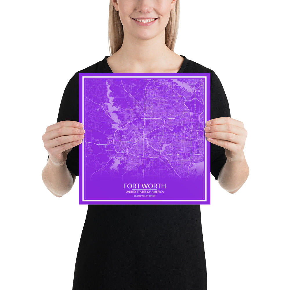 Fort Worth Purple and White Paper Map