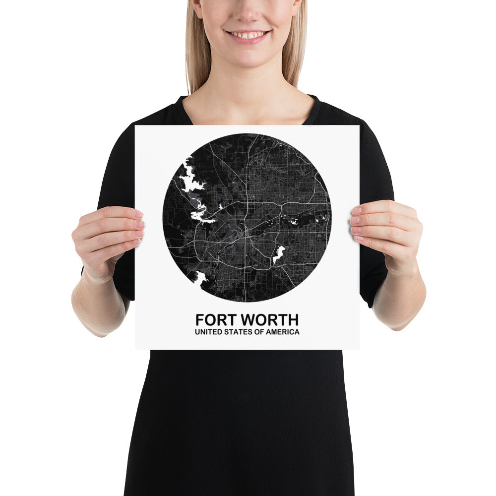 Fort Worth Circular Black Paper Map