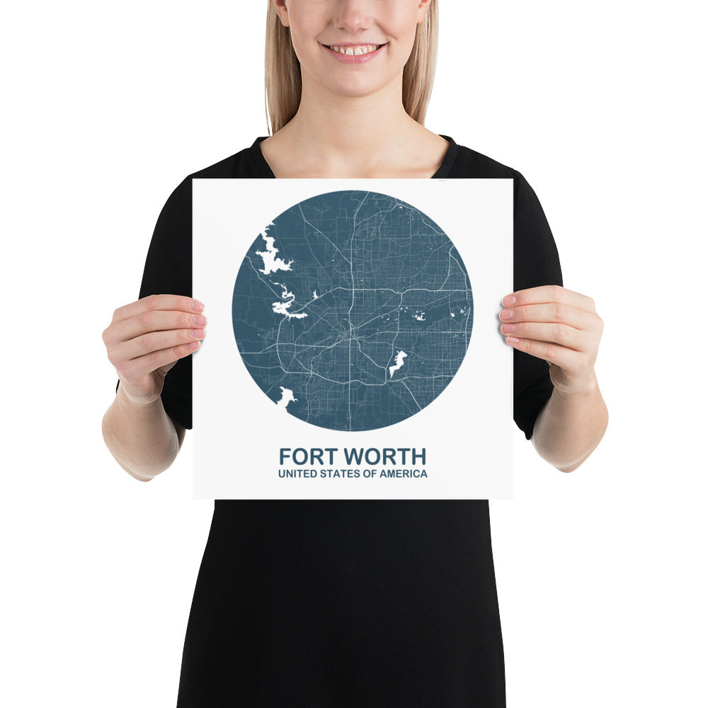 Fort Worth Circular Blue Paper Map