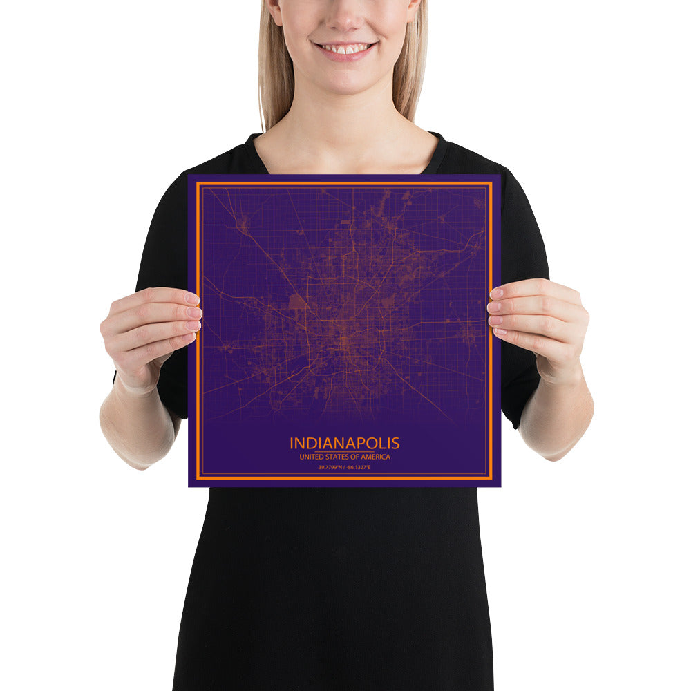 Indianapolis Purple and Orange Paper Map