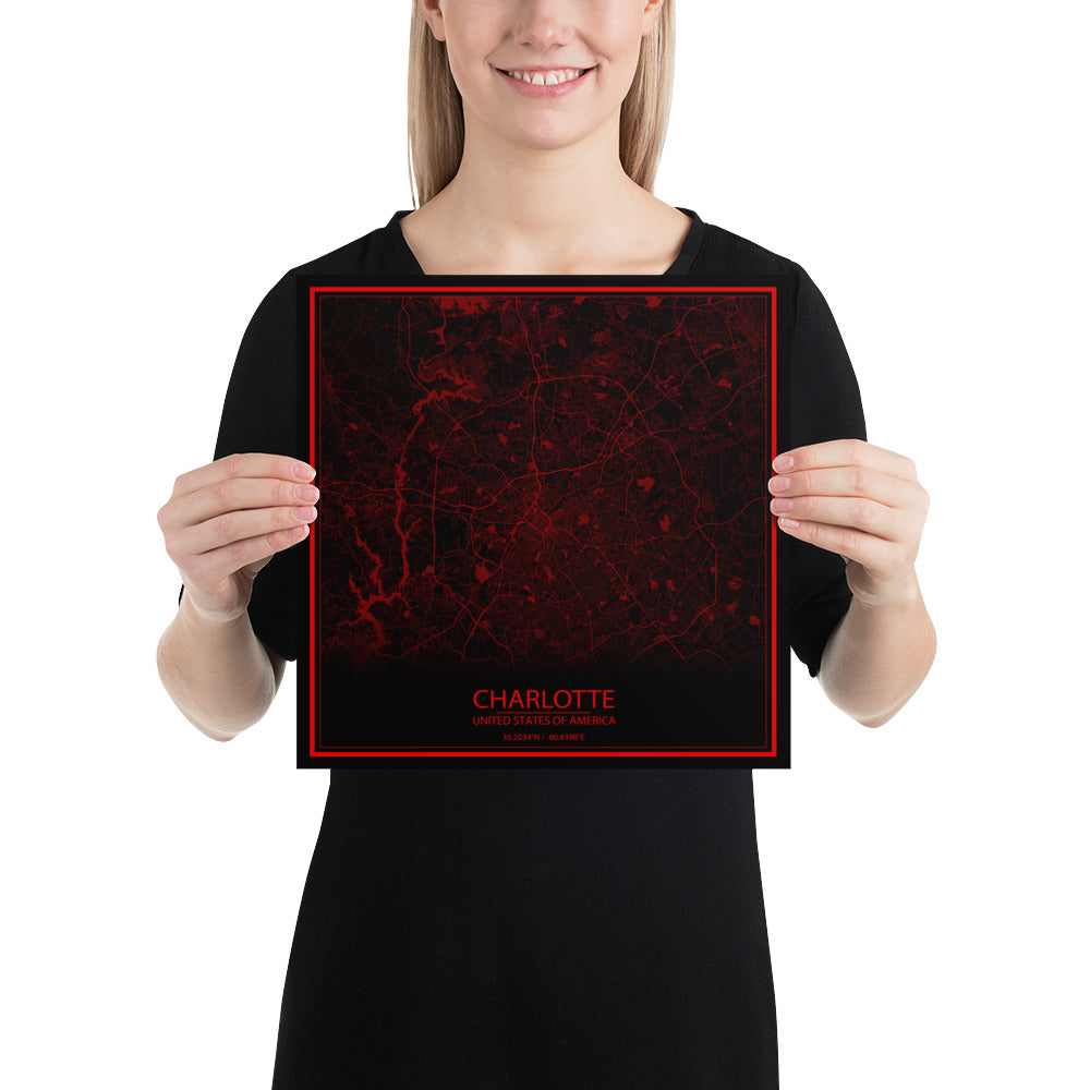 Charlotte Black and Red Paper Map